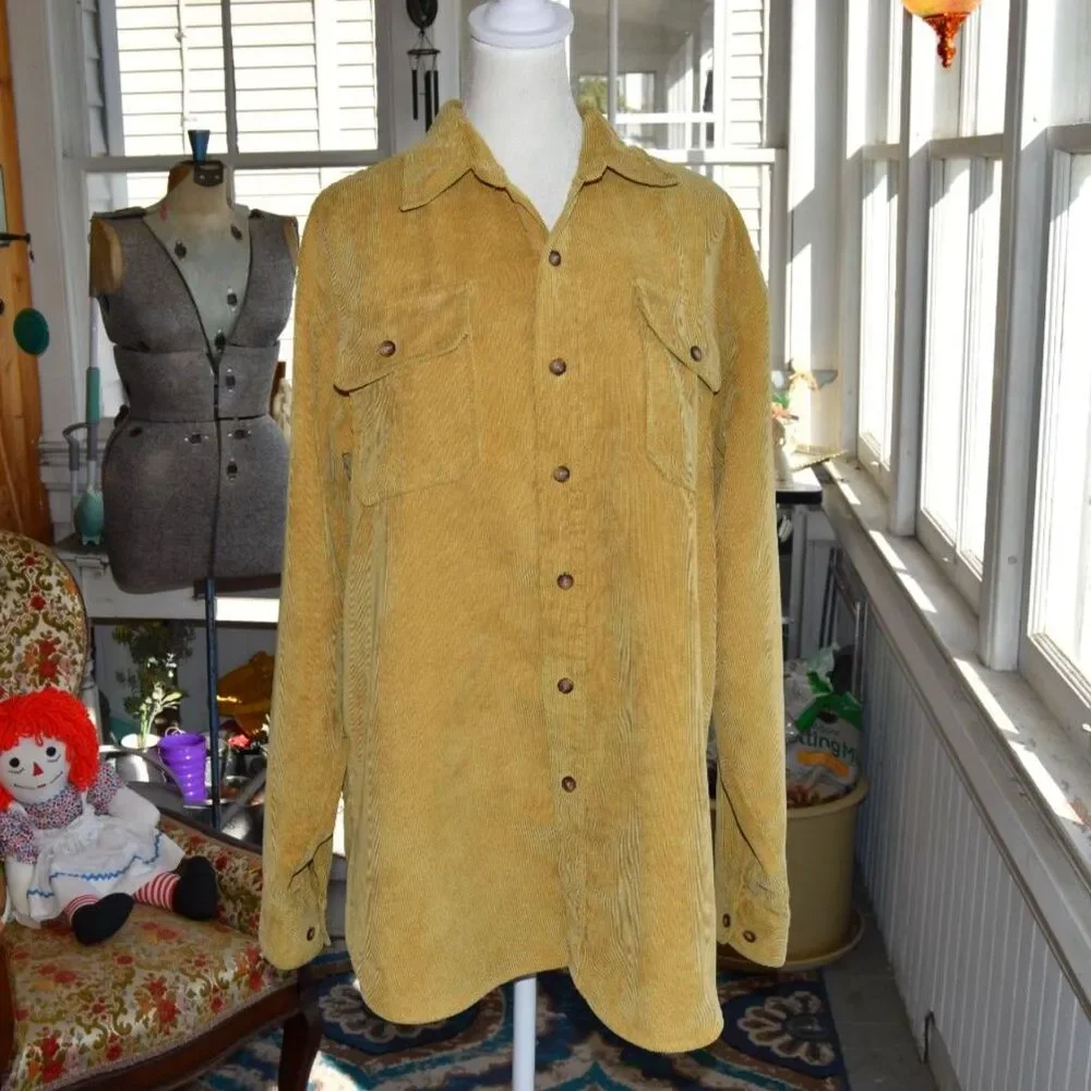 Vintage 70s Stag Hill Haband Corduroy Western Shirt Mustard Button Front Large